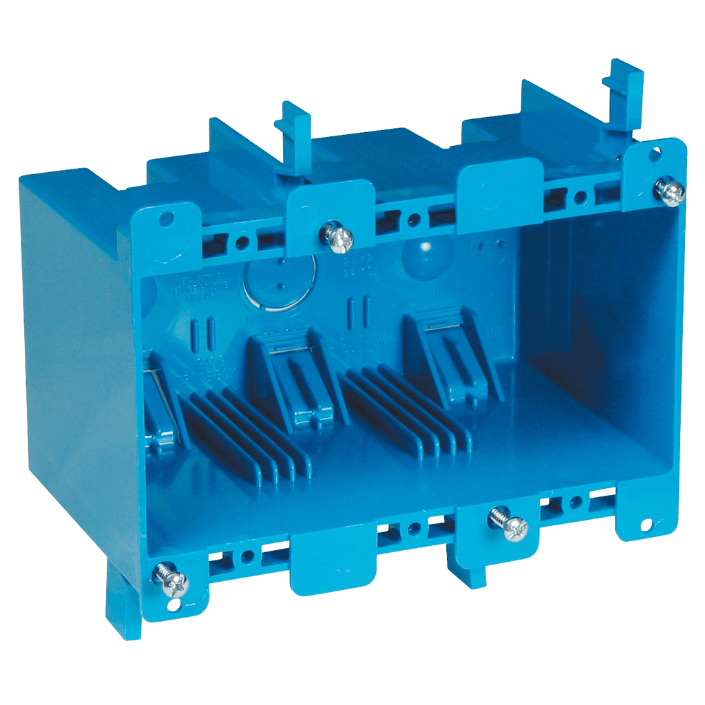 ABB Control B355R B355R ABB Control - Three-Gang Old Work Outlet Box, Volume 55 Cubic Inches, Length 5.72 Inches, Width 2.79 Inches, Depth 3.69 Inches, Color Blue, Material PVC, Mounting Means Mounting Ears and Two Swing Clamps