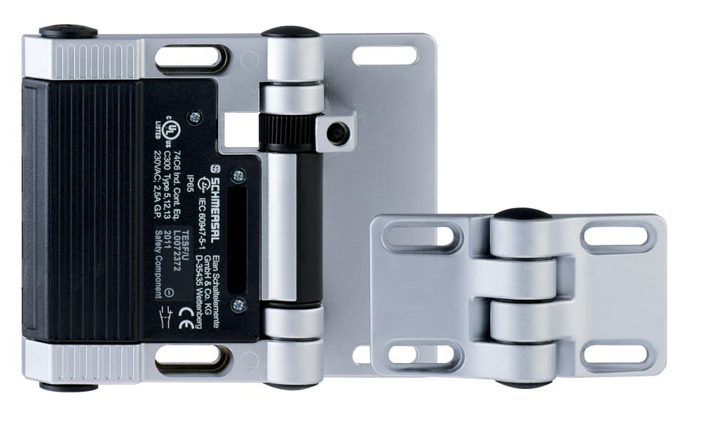 Schmersal TESF/U Safety switch for hinged guards; Hinge safety switch; 2 cable entries M 16 x 1.5; Metal enclosure; Good resistance to oil and petroleum spirit; For left or right hinged doors; 141 mm x 115 mm x 21,5 mm; Simple mounting, suitable for all conventional profi