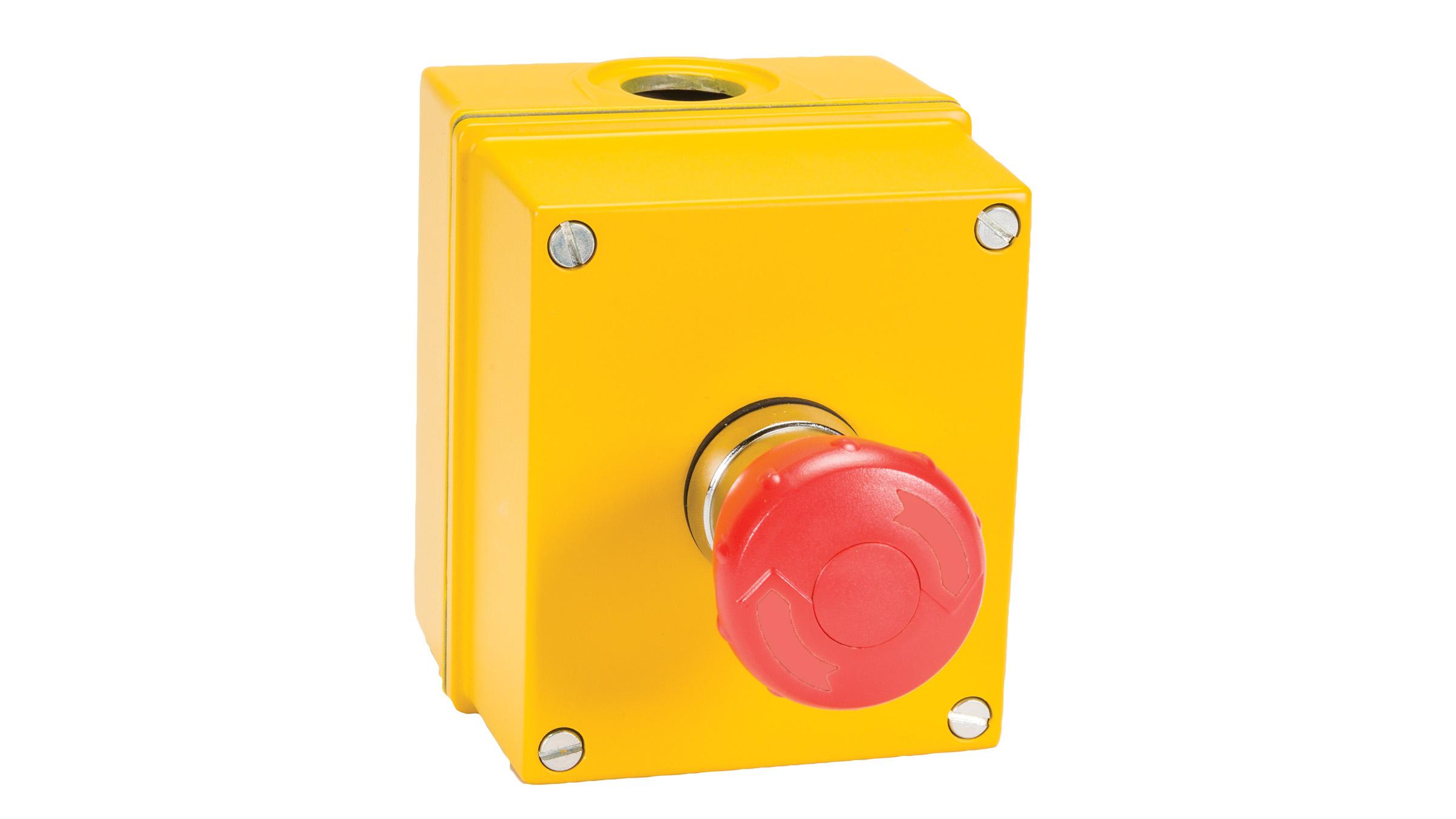 Sprecher + Schuh D7-1MYPB14-PX10 D7 Emergency Stop Pushbutton Station, Yellow Aluminum, Mushroom 40mm Twist Release, Red/Yellow, Plastic Latch, 1NO, Type 4/13