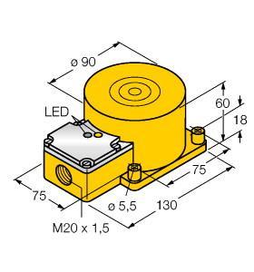 Turck NI100U-K90SR-VP4X2 Inductive Sensor, With Extended Switching Distance, Rated switching distance 100 mm, Non-flush, Rectangular, height 60 mm, Plastic, PBT‐GF30‐V0, Factor 1 for all metals, Increased switching distance, Protection class IP68, Resistant to magnetic fields, Extended temperature range, Auto-compensation protects against pre-damping, One-sided fitting possible, DC 4-wire, 10…65 VDC, Changeover contact, PNP output, Terminal chamber