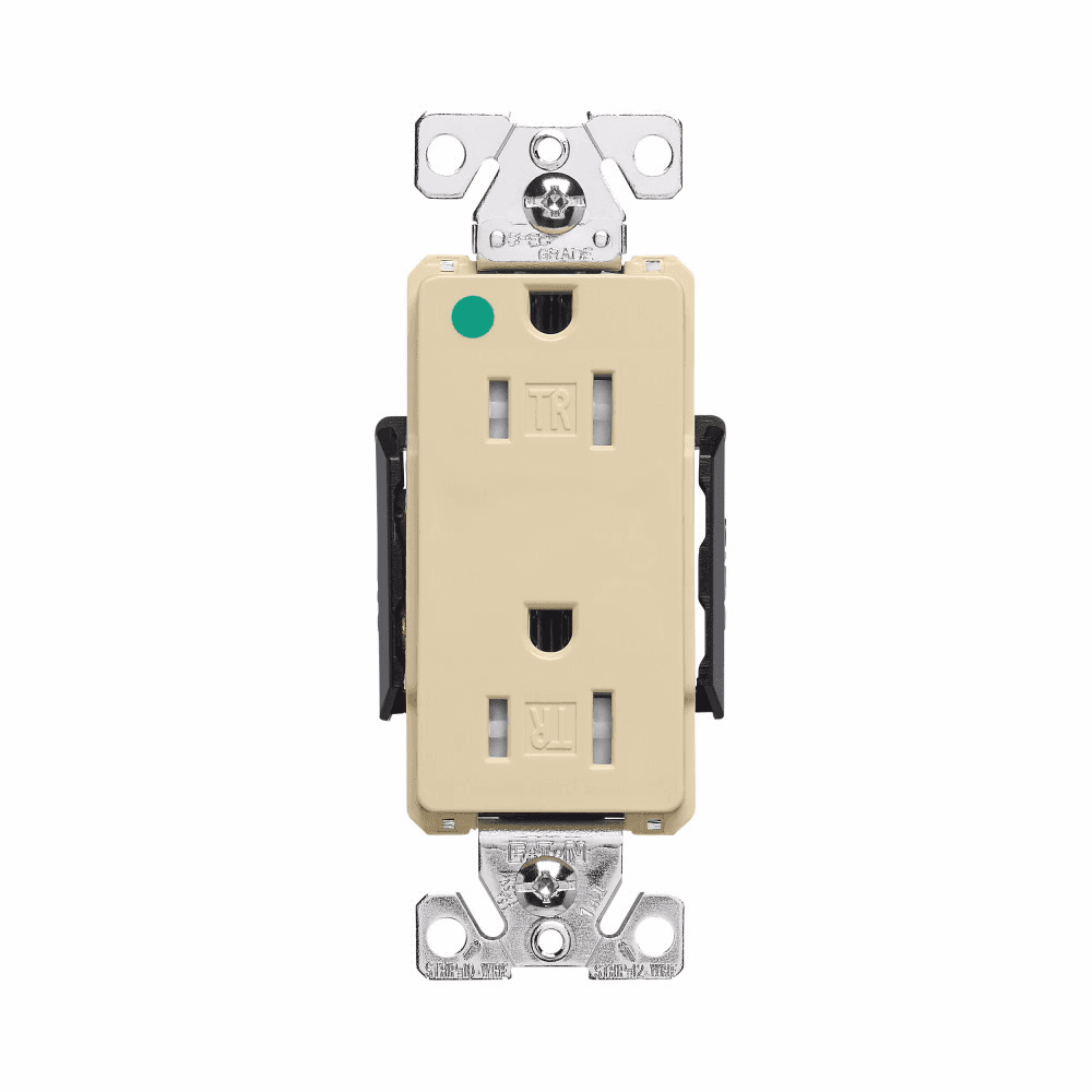 Eaton TR8262V TR8262V Eaton - Eaton Arrow Hart extra heavy-duty hospital grade decorator duplex receptacle, #14-10 AWG, 15A, Healthcare, Flush, 125V, Back and side, Ivory, Brass, Impact-resistant nylon face, PVC body, 5-15R, Duplex, Screw, Glass-filled nylon, Core pack