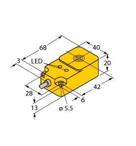 Turck NI25-Q20-AN6X2 Inductive Sensor, Rated switching distance 25 mm, Cable length (L) 2 m, Non-flush, Rectangular, height 20 mm, Active face on top, Plastic, PBT-GF30-V0, DC 3-wire, 10…30 VDC, NO contact, NPN output, Cable connection