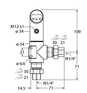 Turck PS003D-502L-LI2UPN8X-H1141 Differential Pressure Sensor, With current output and PNP/NPN Transistor Switching Output, Output 2 Programmable as Switching Output, Pressure monitoring in harsh industrial environments, Housing is rotatable after plugging the process connection, Reading of adjusted values without tool, High-side switch, Recessed pushbutton, keylock and password for secure programming, Permanent indication of pressure (bar, psi, kPa, MPa, misc), Peak pressure memory, Pressure range 0…2.5 bar diff.