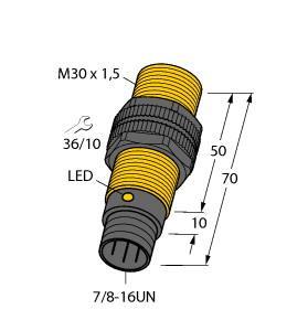 Turck BI10-P30-AP6X-B2141/S100 Inductive Sensor, With Increased Temperature Range, Rated switching distance 10 mm, Flush, Threaded barrel, M30 x 1.5, Plastic, PA12‐GF30, Temperatures up to +100 °C, DC 3-wire, 10…30 VDC, NO contact, PNP output, 7/8 male connector, "