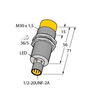 Turck NI15-G30-RZ3X-B3131 Inductive Sensor, Rated switching distance 15 mm, Non-flush, Threaded barrel, M30 x 1.5, Chrome-plated brass, AC 2-wire, 20…250 VAC, DC 2-wire, 10…300 VDC, NC contact, 1/2" male connector