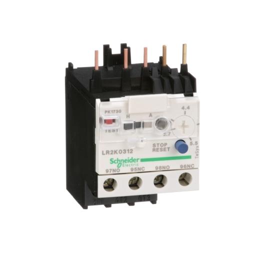 Schneider Electric LR2K0312 Schneider Electric LR2K0312 is a differential thermal overload relay belonging to the LR2K sub-range. It features a 3-pole configuration and is designed for direct connection to a contactor with outgoing cables connected via screw-clamp and the control circuit also utilizing a screw-clamp connection type. This part offers protection functions classified under Class 10A, with a rated current range of 3.7-5.5 A. The protection settings for thermal overload are adjustable within the same range of 3.7-5.5A. It includes 1 Normally Open (NO) auxiliary contact and 1 Normally Closed (NC) auxiliary contact. The rated voltage for phase-to-phase connections is up to 690 V, with the minimum and maximum current settings specified at 3.7 A and 5.5 A, respectively.