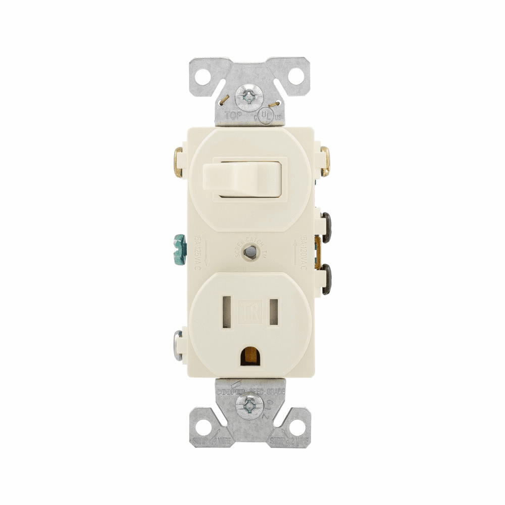 Eaton TR293A TR293A Eaton - Eaton commercial grade combination switch, tamp resist, auto-grnd, Stand, #14 - #12 AWG, 15A, Commer, 120V switch, 125V recept, bk and sd wiring, togg, Maint closure, Screw, Brass, almd, 5-15R, -20-60?C, 3-way, dplx, thermoplas, PVC