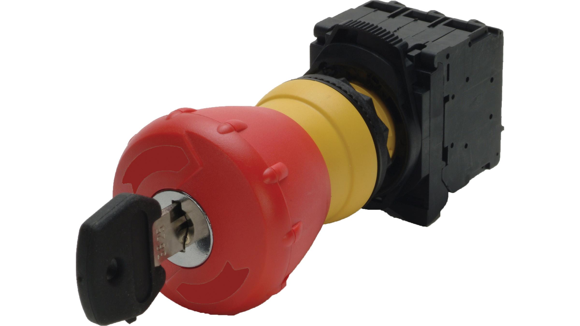 Sprecher + Schuh D7P-MK4428RPX10 Sprecher + Schuh D7P-MK4428RPX10 - D7 22mm Emergency Stop, Non-Illuminated, Plastic, Twist-to-Release 40mm Keyed, Red/Yellow, Ronis Key 4002, Plastic Latch, 1NO Standard, UL Type 4/4X/13, IP66