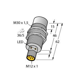 Turck NI30U-MT30-AP6X2-H1141 Inductive Sensor, With Extended Switching Distance, Rated switching distance 30 mm, Non-flush, Threaded barrel, M30 x 1.5, Brass, PTFE-coated, Factor 1 for all metals, Protection class IP68, Resistant to magnetic fields, Large switching distance, Integrated protection against predamping, Little metal-free spaces, DC 3-wire, 10…30 VDC, NO contact, PNP output, M12 x 1 male connector