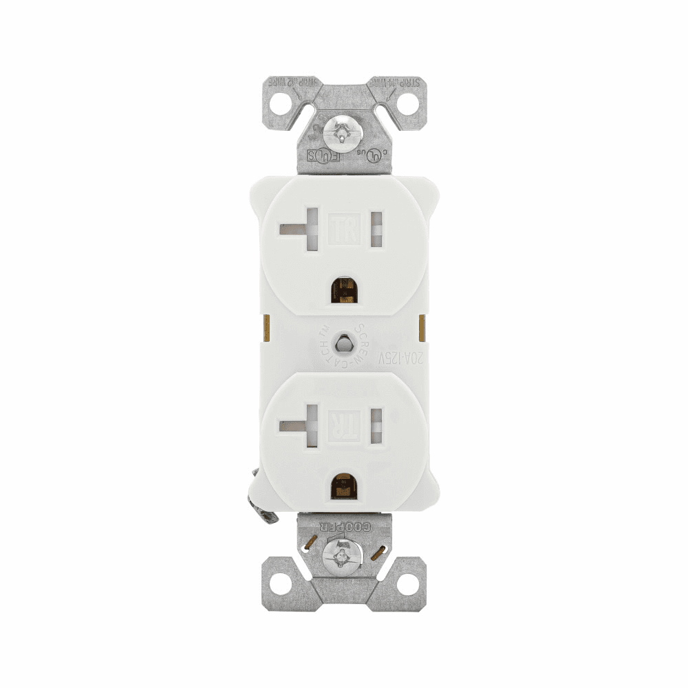 Eaton TR5362W TR5362W Eaton - Eaton Arrow Hart heavy-duty industrial specification grade duplex receptacle,#14-10 AWG,20A,Industrial,Flush,125V,Back and side,White,Brass,Impact-resistant thermoplastic face,PVC body,5-20R,Duplex,Screw,Thermoplastic,Core pack