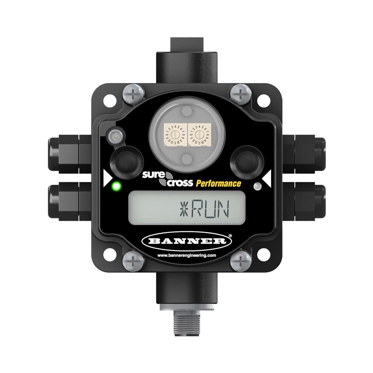 Banner DX80N9X6S-P8 Banner Engineering DX80N9X6S-P8 is a Remote Terminal Unit (RTU) designed for surface mounting. It features a polycarbonate housing, polycarbonate rotary dial cover, polyester labels, EDPM rubber cover gasket, and nitrile rubber, ensuring durability in various environments. The unit operates within an ambient air temperature range of -40 to +85°C and offers a degree of protection rated at IP67 and NEMA 6, suitable for demanding conditions. With dimensions of H59.8mm x W126.7mm x D117.4mm, this rectangular-shaped RTU supports 12 x digital inputs (30Vdc 3mA; PNP) which can also function as digital PNP outputs (100mA 30Vdc). It is part of the SureCross DX80 series and incorporates 2 x buttons, 2 x bi-color LEDs, and utilizes FHSS (Frequency Hopping Spread Spectrum) technology for enhanced communication reliability. The connection is facilitated through a wiring chamber with screw-clamp connections, 4 x Pg7 cable accesses, a gld. 1/2" NPT threaded cable access, a 5-pin M12 male connector, and an RP-SMA connector. It requires a supply voltage of 10-30Vdc (12Vdc-24Vdc nom.) and operates on a 900MHz ISM band with 1W power, capable of achieving a maximum transmission distance of 9.6km at nominal emission power.