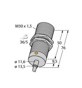 Turck BI10-M30T-AN6X Inductive Sensor, Rated switching distance 10 mm, Cable length (L) 2 m, Flush, Threaded barrel, M30 x 1.5, Chrome-plated brass, DC 3-wire, 10…30 VDC, NO contact, NPN output, Cable connection