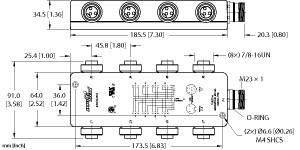 Turck 8 RKF 30-CS12 Actuator and Sensor Junction Box, 7/8 minifast I/O Ports, , 7/8"" minifast Junction Box, 8 ports, Aluminum housing, I/O port: 3-pin, "