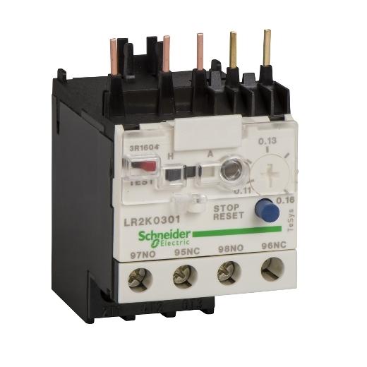 Schneider Electric LR2K0302 Schneider Electric LR2K0302 is a differential thermal overload relay belonging to the LR2K sub-range. It features a 3-pole configuration and offers direct connection to a contactor upstream, with outgoing cables and a control circuit connected via screw-clamp. This part is designed to provide protection with a Class 10A rating and has adjustable thermal overload protection settings ranging from 0.16 to 0.23A. It includes 1 Normally Open (NO) and 1 Normally Closed (NC) auxiliary contacts for additional control functionality. The LR2K0302 is rated for a phase-to-phase voltage of up to 690 V, with a minimum operating current of 0.16 A and a maximum of 0.23 A.