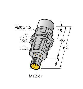 Turck NI30U-EM30WD-AN6X-H1141 Inductive Sensor, For the Food Industry, Rated switching distance 30 mm, Non-flush, Threaded barrel, M30 x 1.5, Stainless steel, 1.4404, Front cap made of liquid crystal polymer, Factor 1 for all metals, Resistant to magnetic fields, For temperatures of -40 °C…+100 °C, High protection class IP69K for harsh environments, Special double-lip seal, Protection against all common acidic and alkaline cleaning agents, Laser engraved label, permanently legible, DC 3-wire, 10…30 VDC, NO contact, NPN outpu