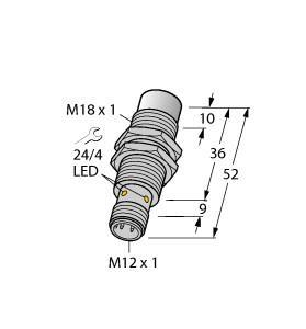 Turck NI12U-MT18-AP6X2-H1141 Inductive Sensor, Rated switching distance 12 mm, Non-flush, Threaded barrel, M18 x 1, Brass, PTFE-coated, Factor 1 for all metals, Protection class IP68, Resistant to magnetic fields, Extended temperature range, High switching frequency, DC 3-wire, 10…30 VDC, NO contact, PNP output, M12 x 1 male connector