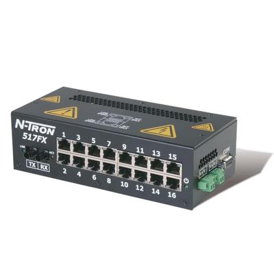 Red Lion 517FXE-N-SC-40 Red Lion 517FXE-N-SC-40 is an Ethernet switch designed for industrial process control with monitored Ethernet switch capabilities and N-View Remote Monitoring Technology. It operates on a supply voltage of 10-30Vdc, including redundant power inputs for 12Vdc and 24Vdc. This model features 16 RJ45 ports supporting 10/100BaseTX and one fiber optic SC connector for single-mode with a 100BaseFX rated current and a 40km rated optical fiber length. It is built to withstand an ambient air temperature range for storage from -40 to +85 degrees Celsius. The Ethernet switch is rated for speed class C and utilizes DIN rail technology for mounting. It comes in a metallic case and includes Normally Closed (NC) auxiliary contacts. The product is part of the N-Tron 500-N series and is specified by the manufacturer to have 17 ports, with its relevance to industrial applications denoted by its UNSPSC code.