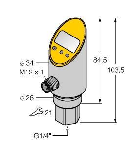 Turck PS400R-301-2UPN8X-H1141 Pressure sensor, 2 PNP/NPN Transistor Switching Outputs, , Rigid process connection, non-rotatable body, Reading of adjusted values without tool, Recessed pushbutton and keylock for secure programming, Permanent indication of pressure (bar, psi, kPa, MPa, misc), Peak pressure memory, Pressure range 0…400 bar rel.