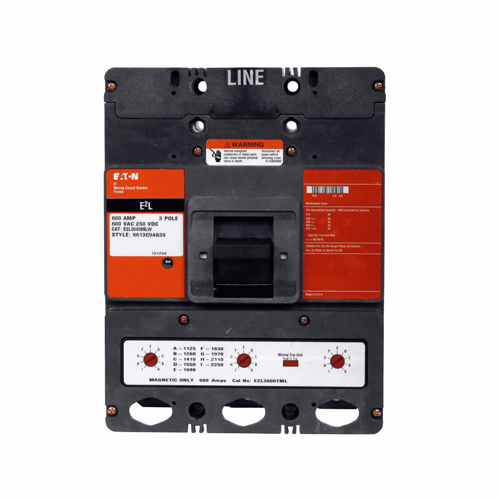 Eaton E2L3600MLWT33 E2L3600MLWT33 Eaton - Eaton E2 mining electronic molded case circuit breaker, L-frame, E2L, Complete breaker, Interchangeable magnetic only trip, 1125-2250A trip rating, Three-pole, 600A, 600 Vac, 250 Vdc, no term., Mining, 110-125 Vdc same side w/ right pigtail