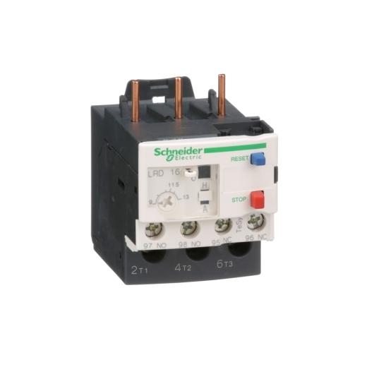 Schneider Electric LRD16 Schneider Electric LRD16, part of the LRD sub-range, is a differential thermal overload relay designed for direct connection to a contactor and features screw-clamp terminals for both upstream and control circuit connections. It is a 3 Pole device with Class 10A protection functions. The LRD16 is rated for currents between 9-13 A and offers thermal overload protection settings within the same range. It includes 1 Normally Open (NO) and 1 Normally Closed (NC) auxiliary contacts. The rated voltage for phase-to-phase operation is up to 690 V at frequencies from 0 to 400Hz. The minimum operating current is 9 A, and the maximum is 13 A.