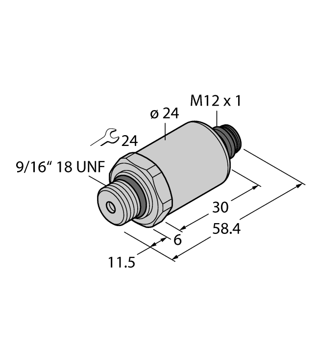 Turck PT7500PSIG-2021-U3-H1143/X Turck PT7500PSIG-2021-U3-H1143/X is a sensor designed for measuring pressure, specifically within the PT2000 series. It functions as an instrumentation relative pressure sensor/transmitter, capable of operating in ambient air temperatures ranging from -30°C to +85°C. This sensor is equipped with a 4-pin M12 Eurofast QD male connector and a 9/16"-18 UNF threaded male process port (SAE-ORB) for connection. It features a cylindrical body made from 1.4404 (316L) stainless steel for both the housing and the pressure transducer, ensuring durability. The sensor operates with a supply voltage of 5Vdc regulated and has a pressure range of 0 to +7500psig. It can measure fluid medium temperatures between -40°C and +125°C. For output, it provides 1 x analog output (0.5-4.5Vdc; ratiometric) and has a current consumption of 7mA. The degree of protection offered by this sensor is IP67, indicating a high level of protection against dust and water ingress.