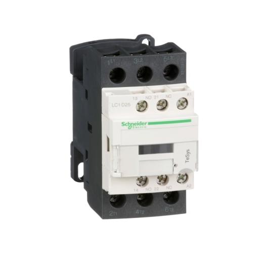 Schneider Electric LC1D25B7 Schneider Electric LC1D25B7 is a magnetic contactor from the Deca sub-range, featuring screw connections and designed with 3 poles (3P; 3NO). It has a rated current of 40A for AC-1 and 25A for 440Vac in AC-3 conditions. This contactor is suitable for DIN rail mounting and has a net width of 45 mm. It offers a degree of protection of IP20 and operates within control voltage ranges of 19.2-26.4Vac (24Vac nominal; 50Hz; 0.8...1.1 x Uc) and 20.4-26.4Vac (24Vac nominal; 60Hz; 0.85...1.1 x Uc). The rated operating voltage (Ue) is up to 690 V, and it includes 1 Normally Open (NO) auxiliary contact. The rated impulse voltage (Uimp) is 6 kV, and it can handle rated active power ranging from 5.5kW at 220-230Vac to 15kW at 660-690Vac in AC-3 conditions. It also features 1 Normally Closed (NC) auxiliary contact with contacts type of 1NO+1NC instantaneous aux. The rated power in horsepower (HP) varies from 2HP at 115Vac to 20HP at 575-600Vac, covering both single-phase and 3-phase configurations. Its mechanical durability is rated at 15 million operations at no load, and its electrical durability is rated at 1.6 million operations with load. The rated voltage for phase-to-phase is 690 V.