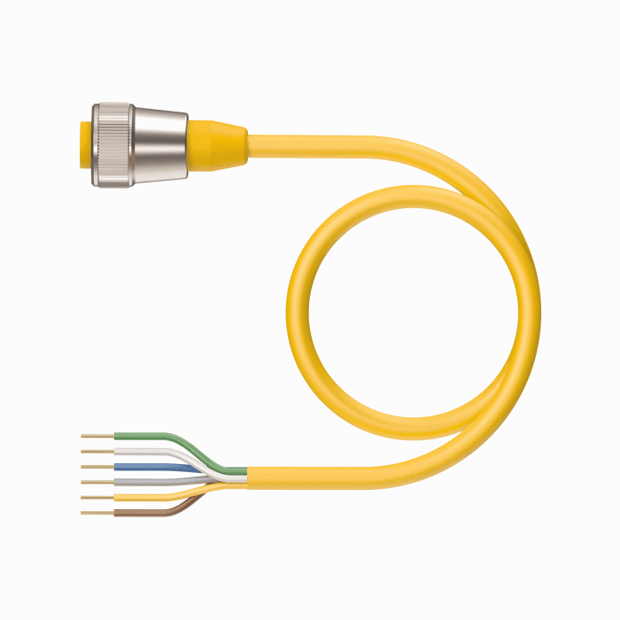 Turck RKM 46-3M Actuator and Sensor Cable, Connection Cable, 7/8” Female, Straight, 4-pin, Flexible Service Cable, Yellow PVC jacket, 4X16 AWG, Sunlight Resistant, -40 Cold Bend Rating, Oil Resistant, Flame Ratings: UL 1100, CSA FT2