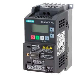 Siemens 6SL3210-5BB17-5BV1 SINAMICS V20 200-240 V 1-phase-AC -10/+10 Rated power 0.75/1 PS with 150% overload for 60 sec. Integrated filter C1 I/O interface: 4 DI, 2 DQ, 2 AI, 1 AO Fieldbus: USS/Modbus RTU with built-in BOP Degree of protection IP20/UL open Size: Size AB 68x142x128