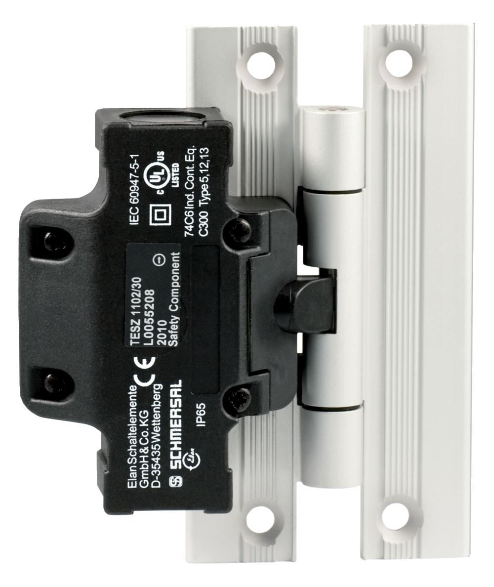 Schmersal TESZ102/S/30 Safety switch for hinged guards; Hinge safety switch; 2 cable entries M 20 x 1.5; Simple fitting, especially on 30 mm profiles; Thermoplastic enclosure; Double-insulated; Good resistance to oil and petroleum spirit; 111,5 mm x 92 mm x 36 mm