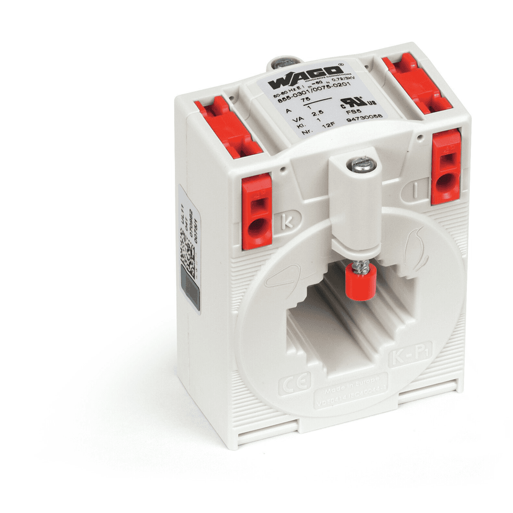 WAGO 855-305/400-1001 Wago 855-305/400-1001 is a plug-in measurement current transformer (CT) featuring CAGE-CLAMP spring connections. It is designed with a 400/5A specification and has a rated power of 10 VA. This current transformer operates without a supply voltage and is designed for ambient air temperatures ranging from -5°C to +50°C during operation and -25°C to +70°C for storage. It offers a degree of protection suitable for DIN-rail mounting (with adapter), surface mounting, or cable installation. The dimensions are H80.9mm x W60mm x D52mm, and it is intended for use in networks with a 400 A type. The measurement accuracy is set at 5 A with a maximum current classification of Class 1 (Cl.1). The rated insulation voltage (Ui) is noted as 60 mm.