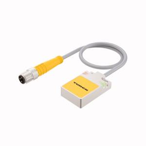 Turck BI8U-Q08-AP6X2-0.2-PSG3M Inductive Sensor, With Extended Switching Distance, Rated switching distance 8 mm, Cable length (L) 0.2 m, Flush, Rectangular, height 8 mm, Active face on top, Metal, Zamak, nickel-plated, Factor 1 for all metals, Increased switching distance, Protection class IP68, Resistant to magnetic fields, Mountable on metal, DC 3-wire, 10…30 VDC, NO contact, PNP output, Pigtail with male end M8 x 1