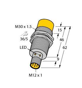 Turck NI20U-M30-AP6X-H1141 Inductive Sensor, Rated switching distance 20 mm, Non-flush, M30 × 1.5 threaded tube, Chrome-plated brass, Factor 1 for all metals, Protection class IP68, Resistant to magnetic fields, Extended temperature range, High switching frequency, DC 3-wire, 10…30 VDC, NO contact, PNP output, M12 x 1 male connector