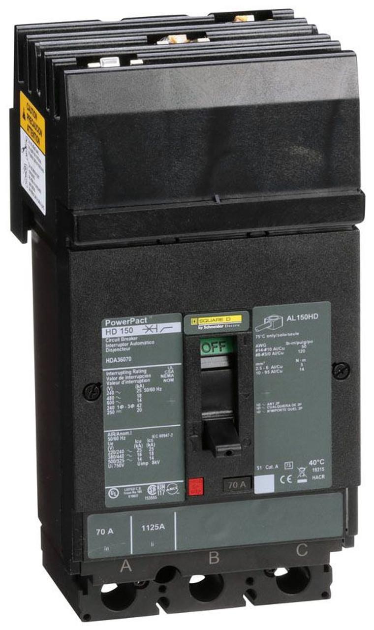 Schneider Electric HDA36070 Square D by Schneider Electric HDA36070 is a Moulded Case Circuit Breaker (MCCB) within the PowerPacT HDA sub-range, featuring a PowerPact H-Frame 150 TMD design. It is a 3-pole (3P) device with a rated current of 70A and offers thermal protection for overload and magnetic protection for short-circuit scenarios. This MCCB has a rated insulation voltage (Ui) of 750 V, with AC rated voltages of 600Vac and 600Y/347Vac, and a DC rated voltage of 250Vdc. It is designed for I-line connection (ABC phases) and mounts on I-line with line side isolated plug-on jaws plus a mechanical I-Line bracket mechanism, ensuring a robust attachment. The net dimensions are 163 mm in height, 104 mm in width, and 86 mm in depth, with a degree of protection rated at IP40. The operating mode is manual toggle, and it features fixed protection settings for over-current at 70A, short-circuit hold current at 800A, and short-circuit trip current at 1450A. The rated operating voltage (Ue) is 690 V, with a rated impulse voltage (Uimp) of 8 kV. The trip current rating is 70 AT, with a frame current rating of 150 AF. Its short circuit breaking rating varies with voltage, including 25kA at 240Vac, 18kA at 480Vac and 480Y/277Vac, 14kA at 600Vac and 600Y/347Vac, and 20kA at 250Vdc, all according to UL489 standards. The trip unit type is thermal-magnetic (fixed) without a display, and it falls under utilisation category A.