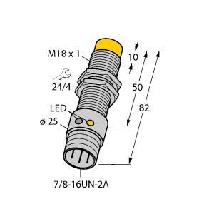 Turck NI12U-EG18-ADZ30X2-B1331 Inductive Sensor, Rated switching distance 12 mm, Non-flush, Threaded barrel, M18 x 1, Stainless steel, 1.4301, Factor 1 for all metals, Protection class IP68, Resistant to magnetic fields, Extended temperature range, High switching frequency, AC 2-wire, 20…250 VAC, DC 2-wire, 10…300 VDC, NO contact, 7/8" male connector