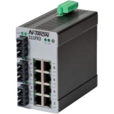 Red Lion 111FXE3-SC-40 Red Lion 111FXE3-SC-40 is an industrial Ethernet switch designed to facilitate robust network communication. It operates with a supply voltage range of 10-49Vdc, supporting 12Vdc, 24Vdc, and 48Vdc with redundant power inputs. This switch features 8 RJ45 ports supporting 10/100BaseTX and 3 fiber optic SC connectors for single-mode fibers, capable of transmitting data over a 40km rated optical fiber length. It is designed to withstand ambient air temperatures for storage ranging from -40 to +80 degrees Celsius. Encased in a metallic body for durability, it adheres to an IP30 rating for protection and is mounted using DIN rail technology. The 111FXE3-SC-40 is part of the N-Tron 100 series, classified under the UNSPSC code specific to Ethernet switches, and is equipped with 11 ports to accommodate extensive network configurations.