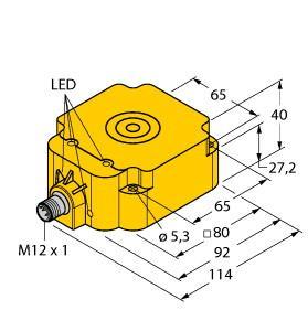 Turck BI50U-Q80-VP4X2-H1141 Inductive Sensor, With Extended Switching Distance, Rated switching distance 50 mm, Flush, Rectangular, height 40 mm, Active face on top, Plastic, PBT‐GF30‐V0, Factor 1 for all metals, Increased switching distance, Protection class IP68, Resistant to magnetic fields, DC 4-wire, 10…65 VDC, Changeover contact, PNP output, M12 x 1 male connector