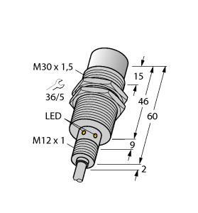 Turck NI30U-EM30WD-AN6X Inductive Sensor, For the Food Industry, Rated switching distance 30 mm, Cable length (L) 2 m, Non-flush, Threaded barrel, M30 x 1.5, Stainless steel, 1.4404, Front cap made of liquid crystal polymer, Factor 1 for all metals, Resistant to magnetic fields, For temperatures of -40 °C…+100 °C, High protection class IP69K for harsh environments, Special double-lip seal, Protection against all common acidic and alkaline cleaning agents, Laser engraved label, permanently legible, DC 3-wire, 10…30 VDC,