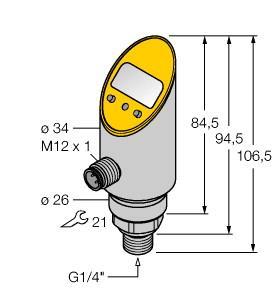 Turck PS003V-304-2UPN8X-H1141 Pressure sensor, 2 PNP/NPN Transistor Switching Outputs, , Rigid process connection, non-rotatable body, Reading of adjusted values without tool, Recessed pushbutton and keylock for secure programming, Permanent indication of pressure (bar, psi, kPa, MPa, misc), Peak pressure memory, Pressure range -1…2.5 bar rel.