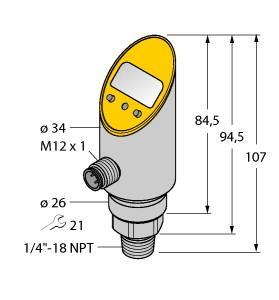 Turck PS010V-303-2UPN8X-H1141 Pressure sensor, 2 PNP/NPN Transistor Switching Outputs, , Rigid process connection, non-rotatable body, Reading of adjusted values without tool, Recessed pushbutton and keylock for secure programming, Permanent indication of pressure (bar, psi, kPa, MPa, misc), Peak pressure memory, Pressure range -1…10 bar rel.