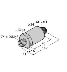 Turck PT2000PSIG-2005-I2-H1143/X Pressure Transmitter, With Current Output (2-Wire), , Fully welded metal measuring cell, Pressure range 0…2000 psi rel., Pressure peak orifice, 7…33 VDC, Analog output 4…20 mA, Process connection 7/16 UNF (SAE) male thread, Plug-in device, M12 × 1, "