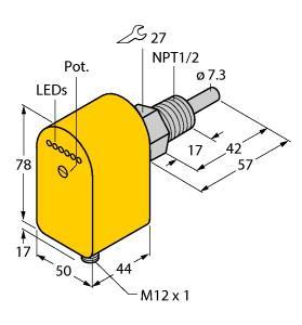 Turck FCS-N1/2A4P-LIX-H1141/D037 Flow Monitoring, Immersion Sensor with Integrated Processor, Immersion sensor, Sensor for liquid media, Calorimetric principle, Adjustment via potentiometer, Status indicated via LED chain, DC 3-wire, 19.2…28.8 VDC, 4…20 mA analog output, Connector device, M12 × 1