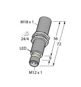 Turck BI5-M18E-AP6X-H1141 Inductive Sensor, Rated switching distance 5 mm, Flush, Threaded barrel, M18 x 1, Chrome-plated brass, DC 3-wire, 10…30 VDC, NO contact, PNP output, M12 x 1 male connector