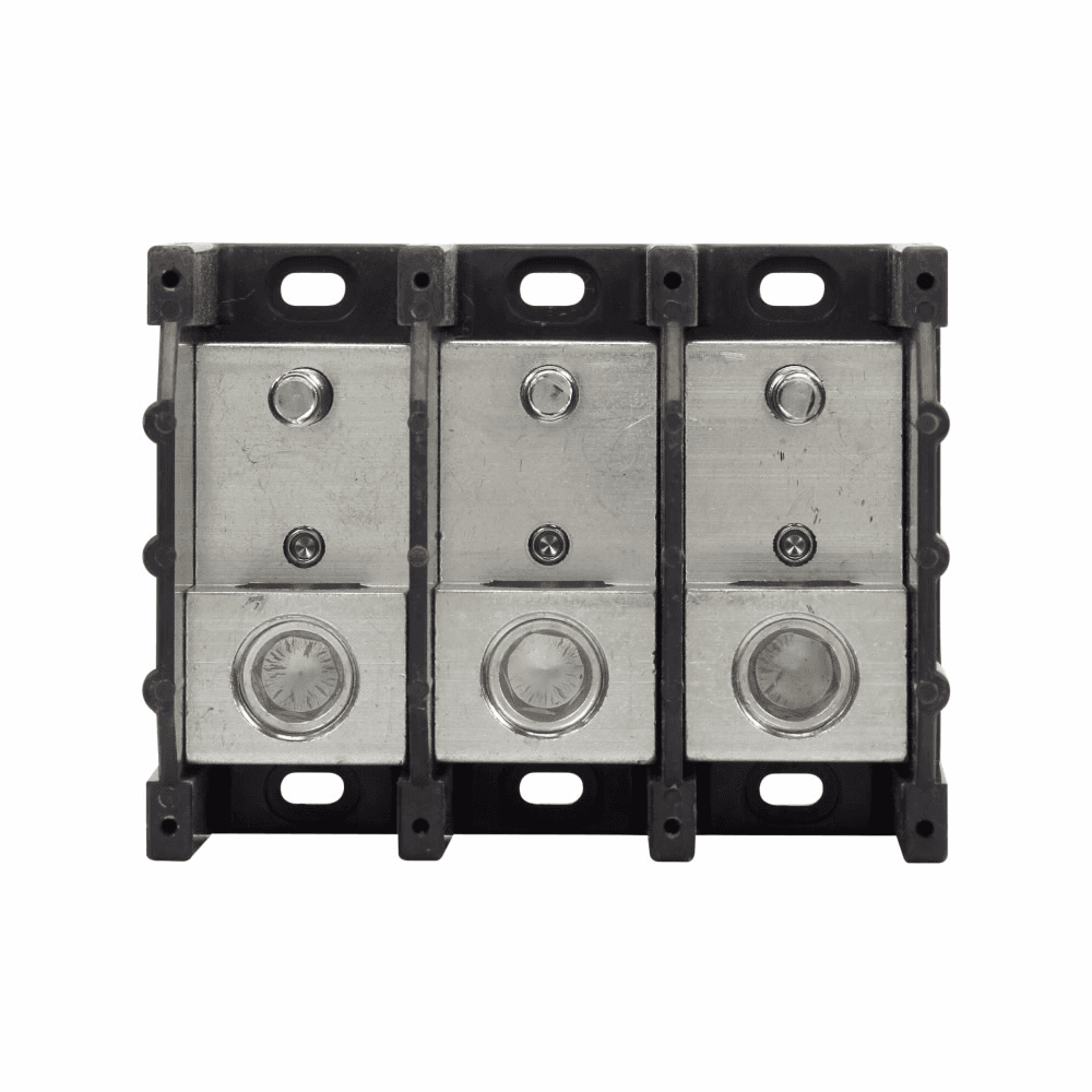 Cooper Bussmann 16383-3 16383-3 Cooper Bussmann - Eaton Bussmann series power terminal block, 600 Vac/dc maximum, 380A, 10 kAIC, Power terminal block, Series 163, Three-pole, Load: (1) 3/8 - 16 x 1 Stud, Black, Thermoplastic base, Tin-plated aluminum connector