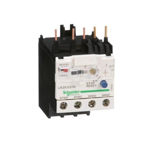 Schneider Electric LR2K0310 Schneider Electric LR2K0310, part of the LR2K sub-range, features a 3 Pole configuration and is designed for direct connection to a contactor with outgoing cables connected via screw-clamp and the control circuit also utilizing a screw-clamp connection. This differential thermal overload relay is classified as Class 10A and is specified for a rated current range of 2.6-3.7 A. It includes protection settings for thermal overload within the same current range. The unit is equipped with 1 Normally Open (NO) auxiliary contact and 1 Normally Closed (NC) auxiliary contact. It supports a rated voltage (AC) for phase-to-phase connections up to 690 V, with a minimum operating current of 2.6 A and a maximum of 3.7 A.