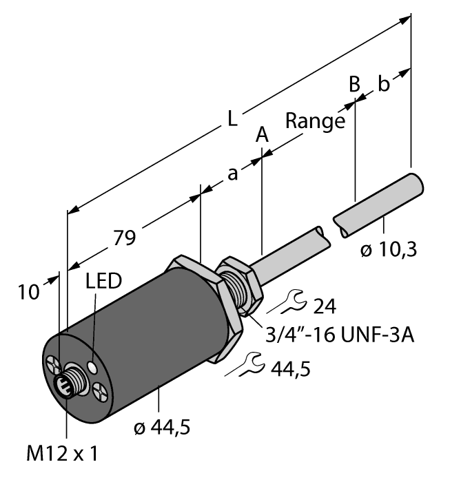 Turck LTX6E-R10-LU0X3-H1151 Turck LTX6E-R10-LU0X3-H1151 is an encoder (linear) from the EZ-track series, designed as a magnetostrictive linear position sensor. It features a raised-face design with power consumption varying with interrogation times and recirculations, and includes a 2" null zone. The dimensions are H46mm x W46mm x D348mm, with a cylindrical/rod shape. The housing and rod are made of aluminium, and it connects via a pre-equipped 5-pin M12 Eurofast QD male connector. It offers protection against reverse polarity and can withstand pressures of 340bar / 5000psi permanently and 680bar / 10000psi short-term. The supply voltage requirement is 7-30Vdc (12Vdc-24Vdc nom.), with a rod diameter of 10.3mm. It operates in ambient air temperatures of -40...+85°C and offers an IP68 degree of protection. The stroke length includes a 2" null zone, 2.5" dead zone, and a 6" measurement span. It has 1 x analog output (0-10Vdc; 16-bit), with a current consumption of 40mA and a response time of 1ms / 0.001 s. The measurement accuracy is a 16-bits resolution (= 0.003mm / 3μm linear resolution), 0.003mm / 3μm linear repeatability, and 0.001" / 0.0254mm hysteresis < 0.01% of span or +/-0.005 whichever is greater (for this device = 0.005"). It also features a tri-color (diagnostic LEDs) visual position indicator and can be stored in ambient air temperatures of -40...+105°C.