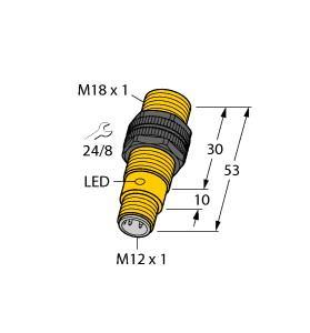 Turck BI5-S18-AP6X-H1141 Inductive Sensor, Rated switching distance 5 mm, Flush, Threaded barrel, M18 x 1, Plastic, PA12‐GF30, DC 3-wire, 10…30 VDC, NO contact, PNP output, M12 x 1 male connector