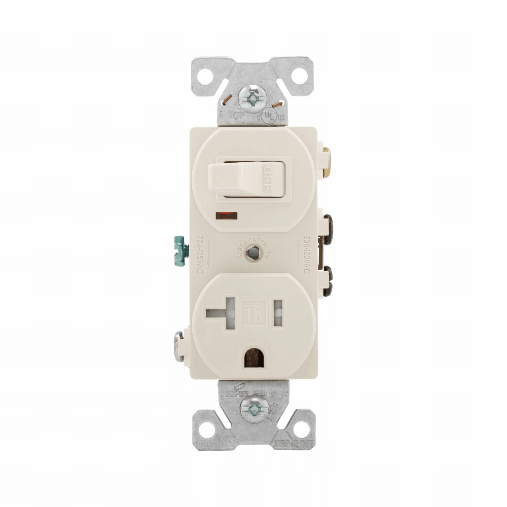 Eaton TR291LA TR291LA Eaton - Eaton commercial grade combination switch, tamp resist, auto-grnd, Stand, #14 - #12 AWG, 10A, 20A recept, Commer, 120V switch, 125V recept, bk and sd wiring, togg, Maint closure, Screw, Brass, lt almd, 5-15R, -20-60C, dplx, thermoplas, PVC