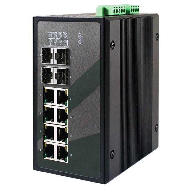 Mencom E45MS-12M3-4SFP-HV 12-Port Managed IEC 61850-3 Gigabit switch with 4 SFP ports, 110-370 VDC power input, Metal Housing