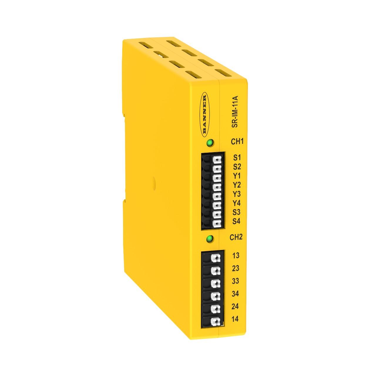 Banner SR-IM-11A Banner Engineering SR-IM-11A is an interface unit designed with a polycarbonate (PC) housing and utilizes a spring terminal connection for its interface relay module function. It operates on a 24Vdc supply voltage and is suitable for DIN rail mounting. This unit is designed to operate within an ambient air temperature range of 0 to +50°C and comes with an IP20 NEMA 1 degree of protection. The SR-IM-11A measures 23 mm in width, 100 mm in height, and 98 mm in depth. It features 1 x digital output, which includes 2NO+1NC relay outputs.