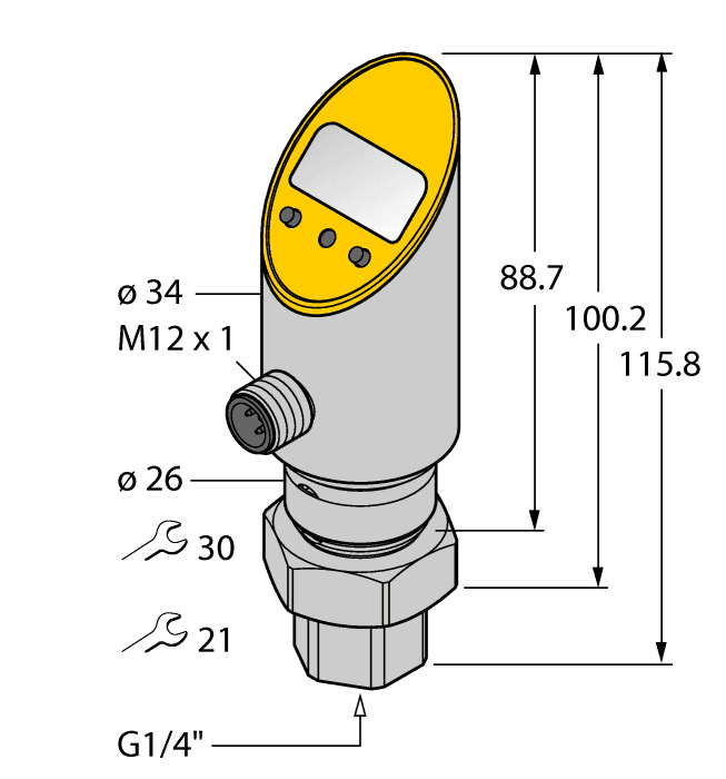 Turck PS250R-501-LI2UPN8X-H1141 Turck PS250R-501-LI2UPN8X-H1141 is a sensor designed for pressure measurement and switching, belonging to the PS500 series. It features a programmable relative pressure sensor/switch with a set point range of 1-100% and a reset point range of 0.5-99.5%. The unit measures pressure in bar, psi, kPa, MPa, and miscellaneous units, and operates in ambient air temperatures ranging from -40°C to +80°C. The sensor has a rotatable housing with a diameter of 34mm and is equipped with a 4-pin M12 Eurofast QD male connector and a 1/4" NPT threaded male process port for connection. It offers an IP67 degree of protection and requires a supply voltage of 18-30Vdc (24Vdc nominal). The cylindrical body sensor has a maximum switching frequency of 180Hz and is constructed from 1.4305 (303) stainless steel for both the housing and wetted parts, with a ceramics Al2O3 pressure transducer and a stainless steel pressure connection. It can measure pressure ranges from 0 to +250bar (0 to +3625psig) and supports the IO-Link communication protocol. The fluid medium temperature range is -40°C to +85°C. The operating mode can be programmed as NO (Normally Open) or NC (Normally Closed), and it features 2 x digital outputs (15-30Vdc; NPN/PNP) with protection functions against short-circuit (pulsed) and reverse polarity. The response time ranges from 50 to 600ms (0.05 to 0.6 s), with a set point accuracy of +/-0.5% FS, analog accuracy of <=+/-0.5% FS, a response time of <3ms, repeatability of <=0.5% of the measuring range, and zero shift/span shift of <=0.15% of the measuring range per °C. The control circuit is rated for a current of 200mA (0.2 A), with a current consumption of 50mA, and time delays for ON-delay and OFF-delay settings ranging from 0-50.